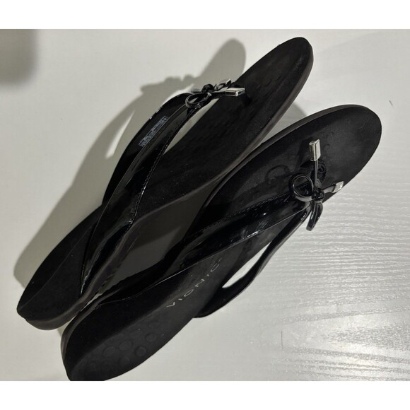 Vionic Bella II Sandal 9 Black Patent Leather Bow Orthotic Comfort Slip On Thong - Picture 3 of 7